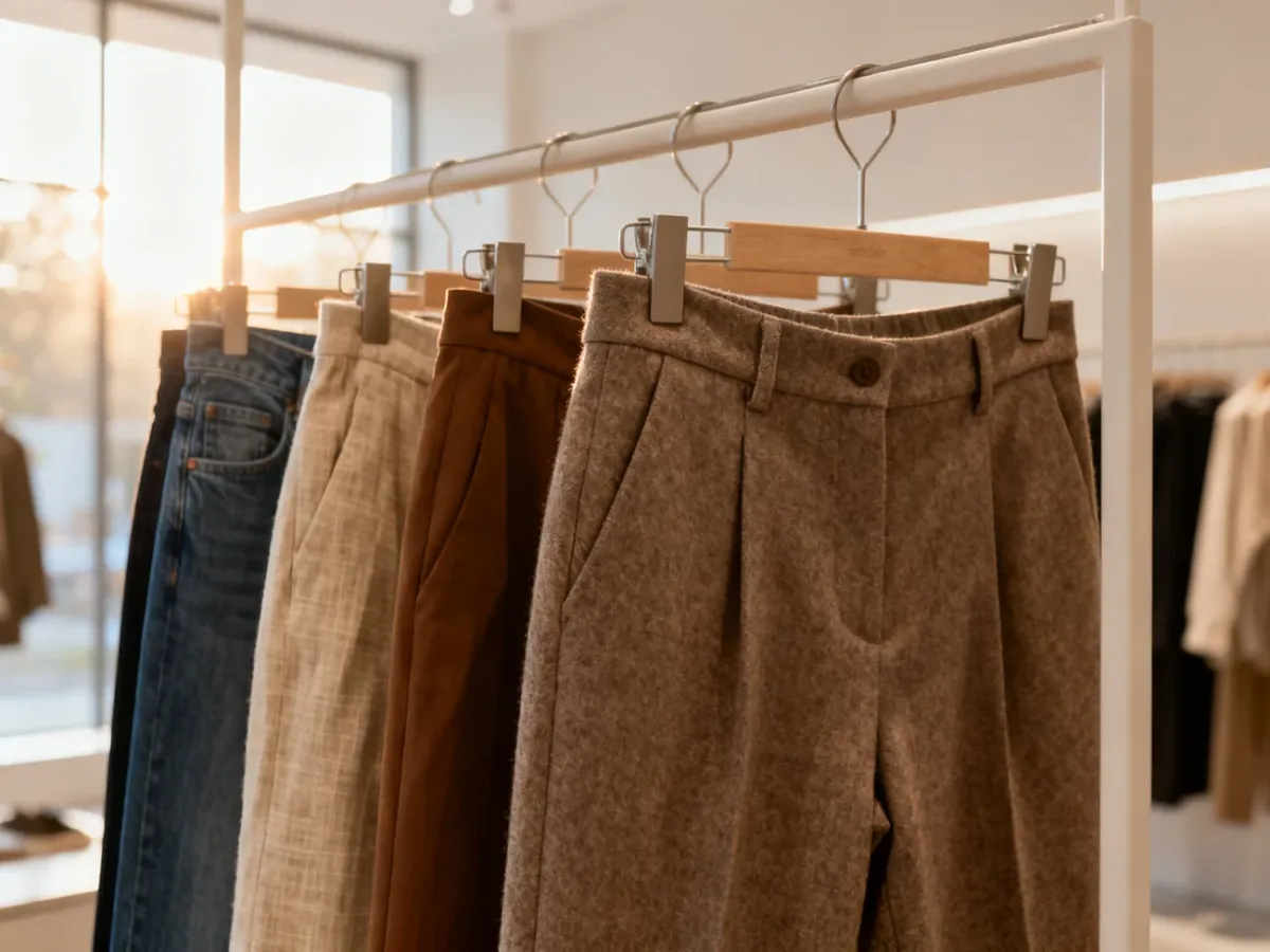 Modne spodnie z różnych materiałów, takich jak jeans, len i wełna, wyeksponowane na wieszaku w nowoczesnym butiku.