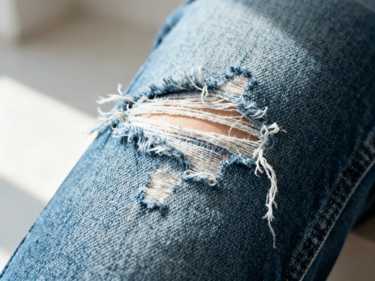 Zbliżenie na postrzępiony jeans z wyraźnymi dziurami, podkreślające modną, surową fakturę materiału.