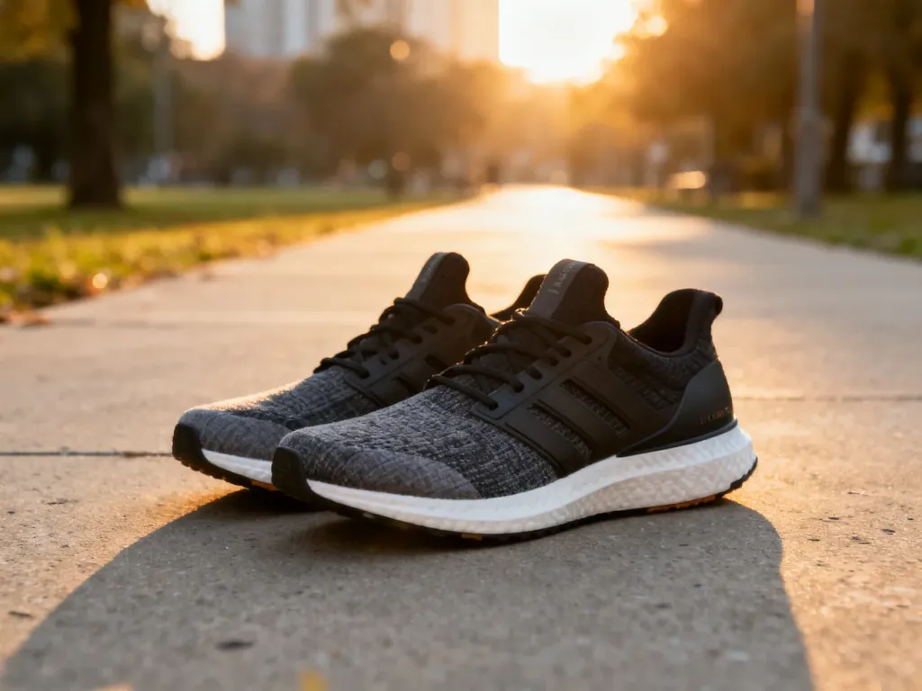 Stylowe, nowoczesne sneakersy na betonowym podłożu w świetle poranka, idealne do codziennych stylizacji.
