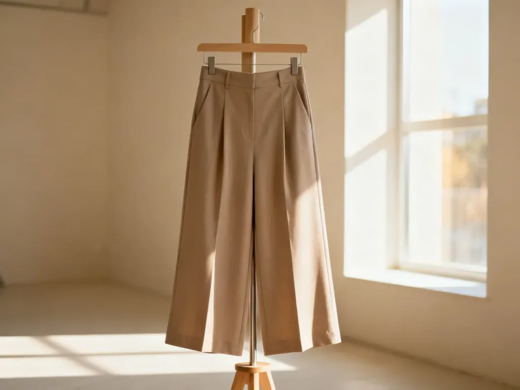 Stylowe spodnie kuloty z szerokimi nogawkami wyeksponowane na manekinie w nowoczesnym atelier.