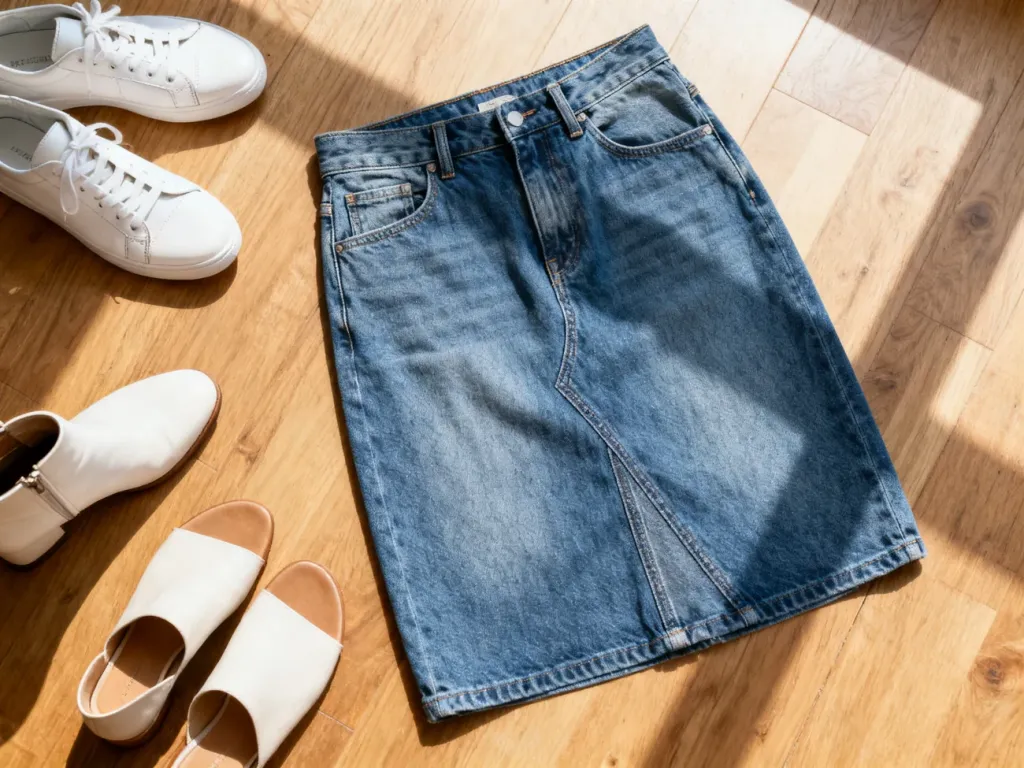 Spódnica jeansowa zestawiona z różnymi rodzajami obuwia: sneakersami, botkami i sandałami na drewnianym podłożu.