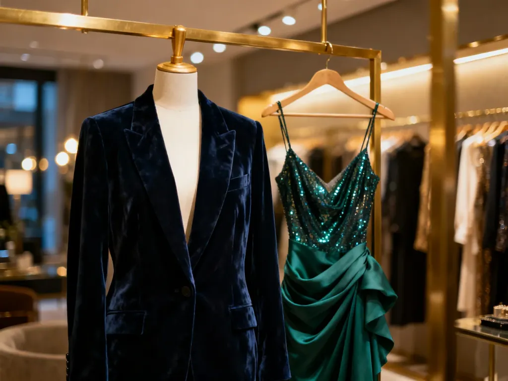 Elegancka marynarka i wieczorowa sukienka na manekinie w stylowej garderobie, idealne jako inspiracja na osiemnastkę.