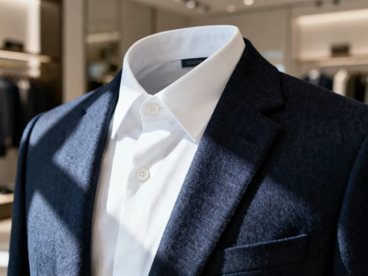 Elegancka biała koszula z rozpiętym guzikiem pod granatową marynarką, prezentująca styl smart casual.