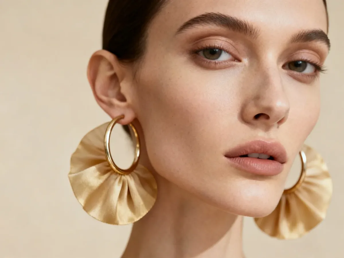 Kobieta o wydłużonej twarzy w szerokich, zaokrąglonych kolczykach