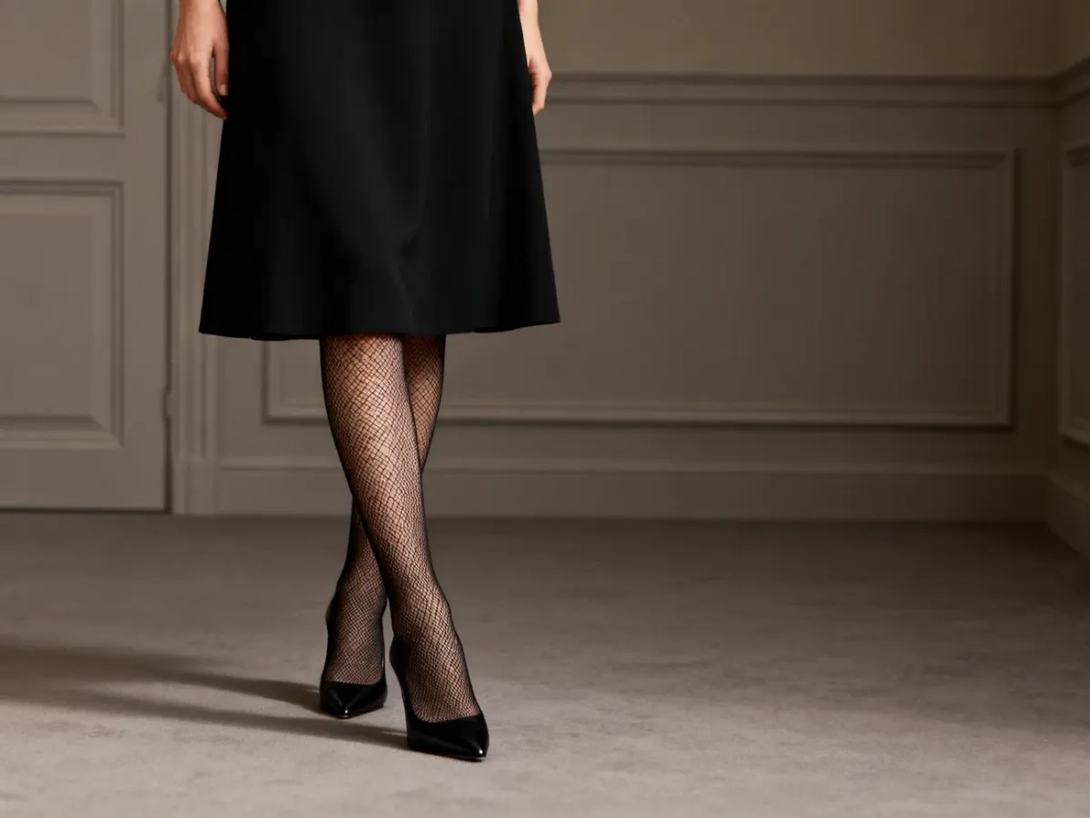 Elegancka stylizacja z czarną sukienką, delikatnymi kabaretkami i klasycznymi czółenkami