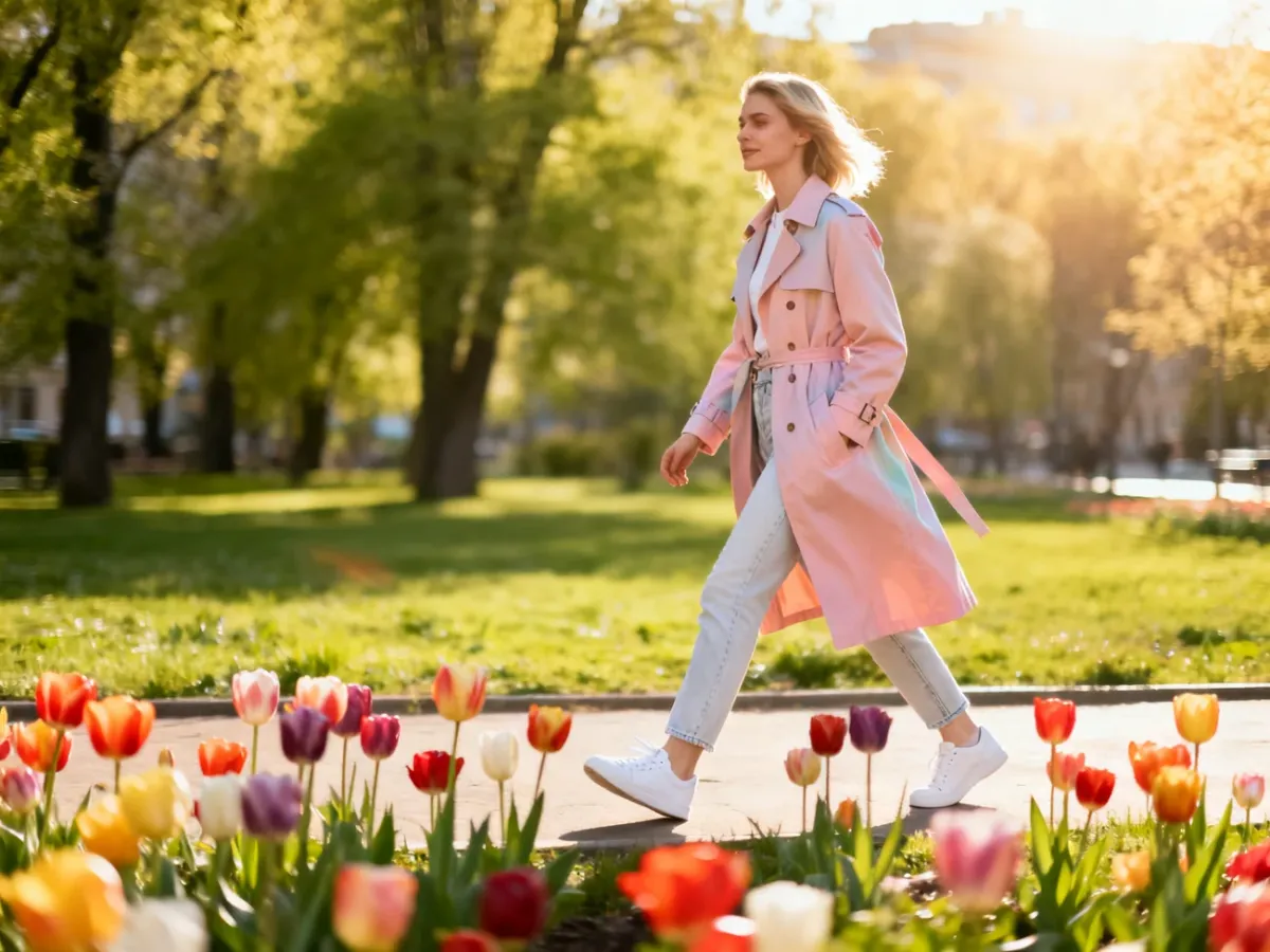 Stylowa kobieta w pastelowym trenczu i jeansach spaceruje wiosennym parkiem wśród kwitnących tulipanów.