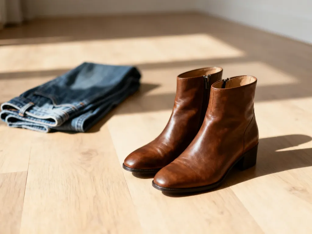 Skórzane botki na drewnianej podłodze w towarzystwie jeansów typu wide leg, prezentujące modną stylizację.