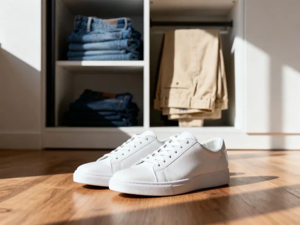 Eleganckie, białe skórzane sneakersy na drewnianej podłodze, zestawione w tle z jeansami i spodniami typu chino.