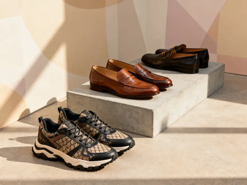 Modne skórzane mokasyny i masywne sneakersy wyeksponowane na minimalistycznym betonowym podeście w świetle poranka.