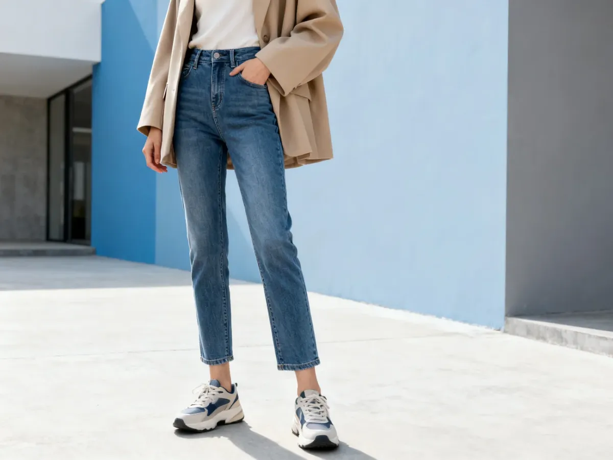 Stylizacja z nowoczesnymi jeansami rurkami, luźną marynarką i sneakersami