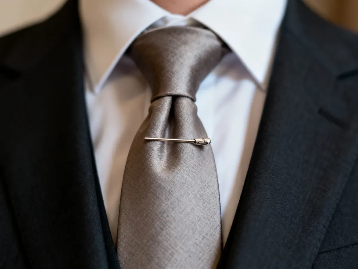 Elegancka szpilka wpięta prostopadle w krawat podczas formalnej stylizacji