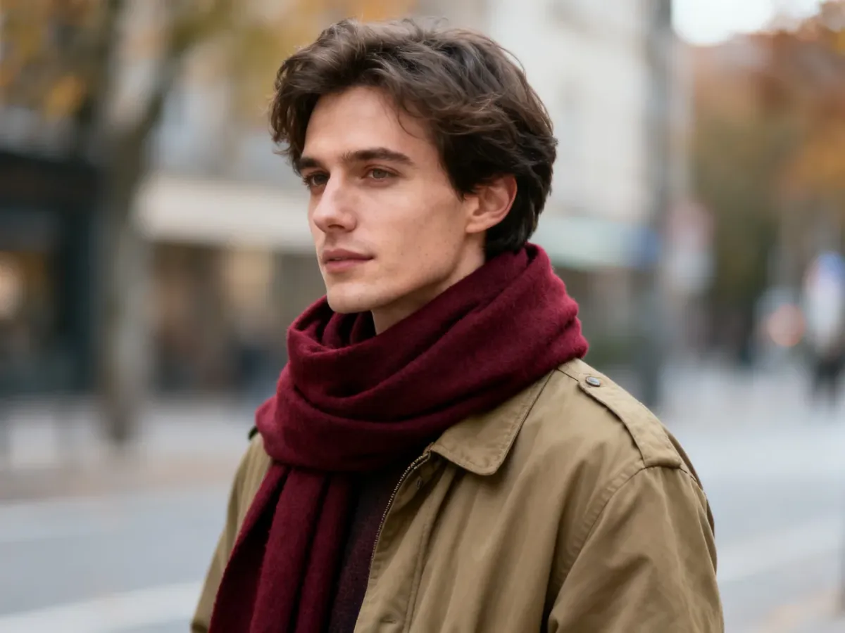 Khaki jacket styled with a contrasting burgundy scarf