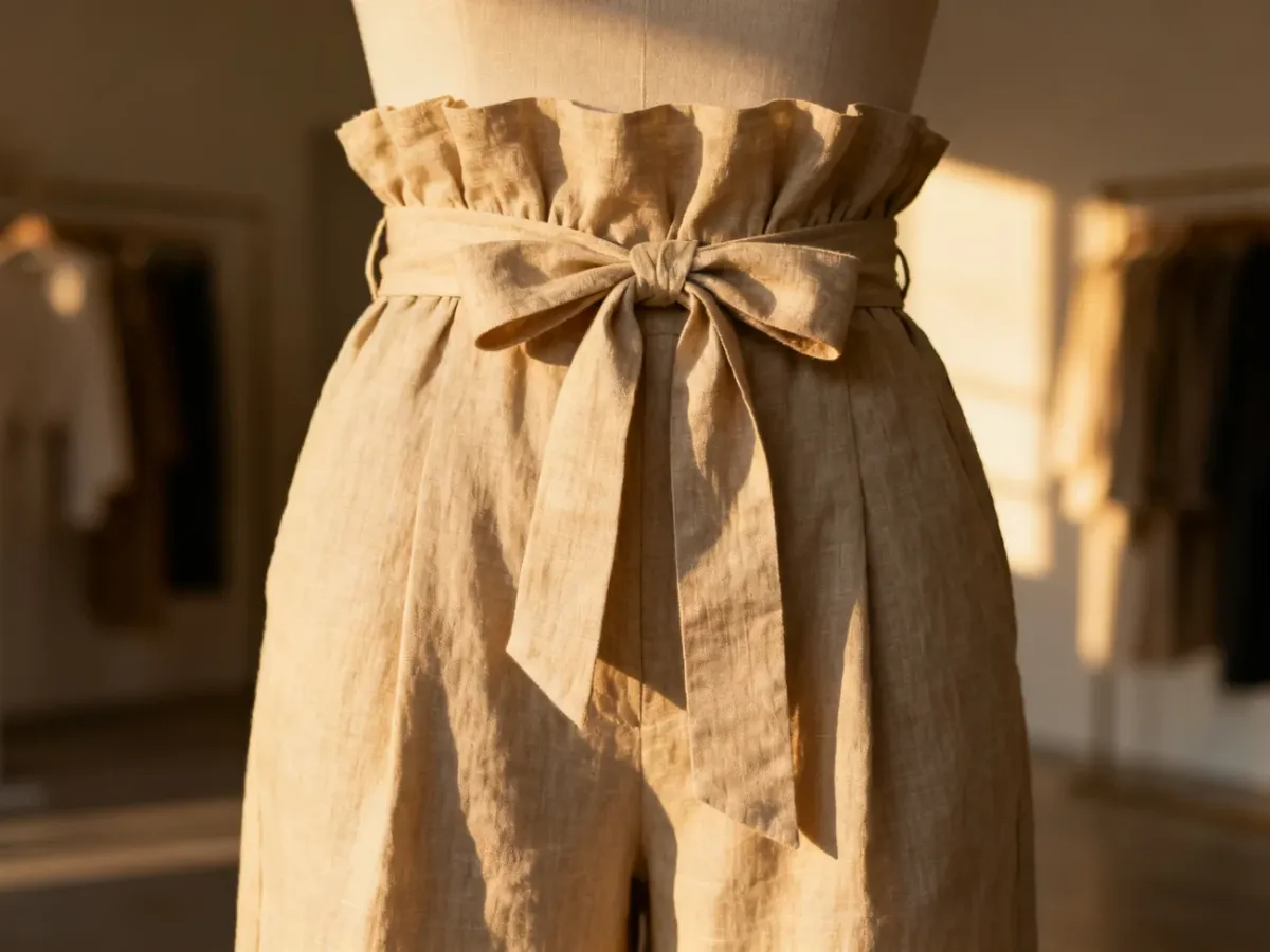 Beżowe spodnie typu paper bag z wysokim stanem i wiązanym paskiem, wyeksponowane w eleganckim, minimalistycznym wnętrzu.