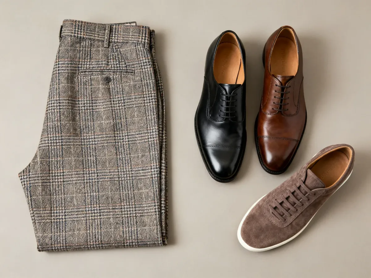 Kraciaste męskie spodnie zestawione z eleganckimi i casualowymi butami