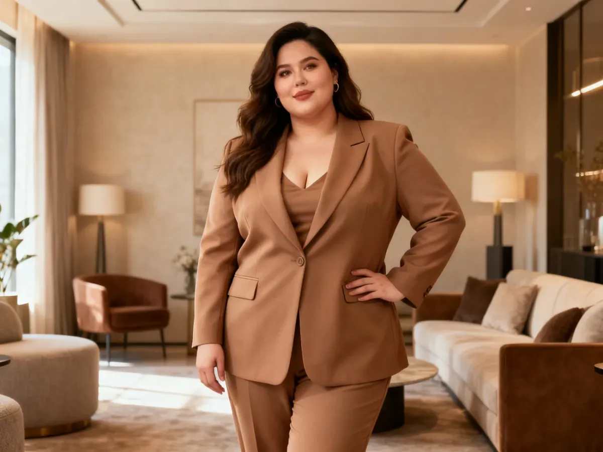 Pewna siebie kobieta plus size w eleganckiej, dobrze dopasowanej stylizacji z marynarką