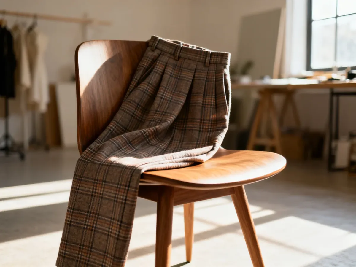 Stylowe spodnie w kratę przewieszone przez drewniane krzesło w słonecznym atelier.