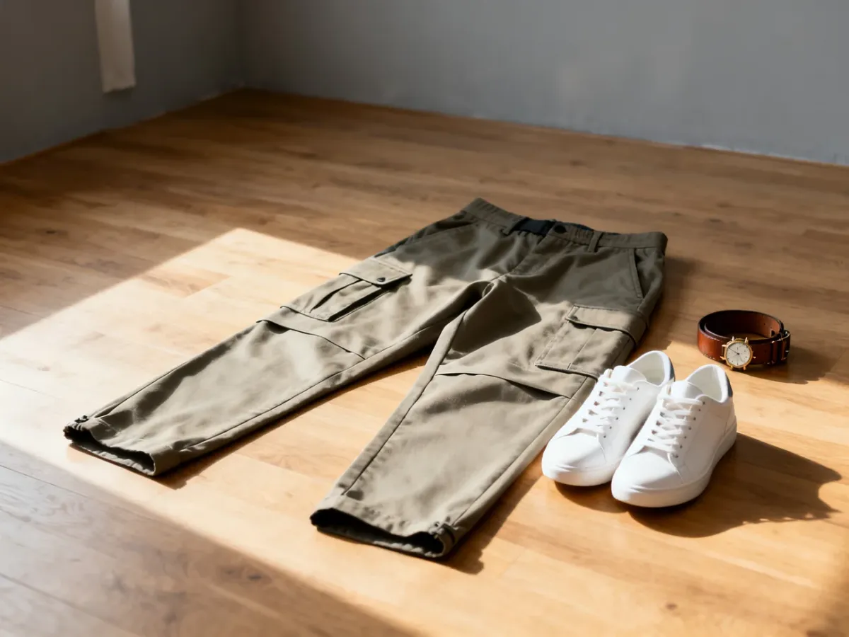 Stylowe spodnie cargo ułożone na drewnianej podłodze wraz z dodatkami: białymi sneakersami, paskiem i zegarkiem.