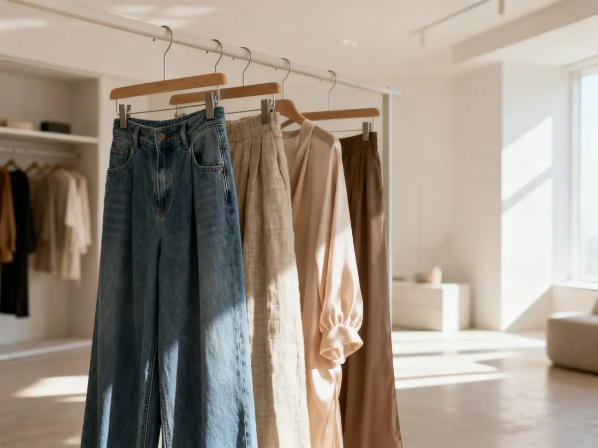 Różne modele szerokich spodni z denimu, lnu i jedwabiu wiszące na minimalistycznym wieszaku w nowoczesnym studiu.