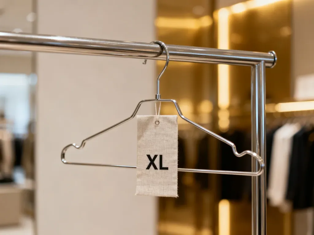 Elegancki wieszak z metką w rozmiarze XL na tle rozmytego wnętrza butiku.