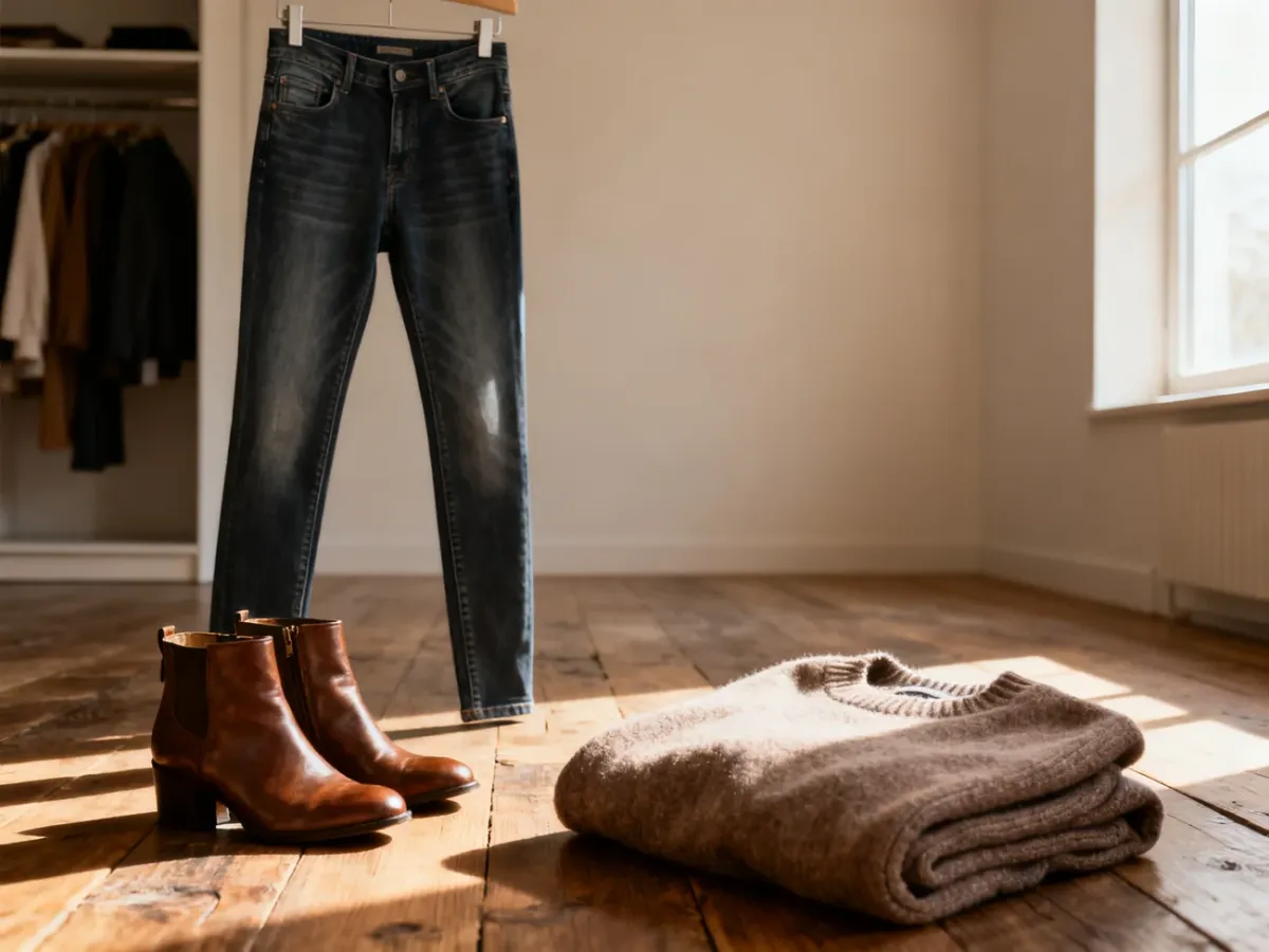 Dopasowane jeansy typu skinny zestawione z botkami i swetrem na drewnianej podłodze, prezentujące modną stylizację.