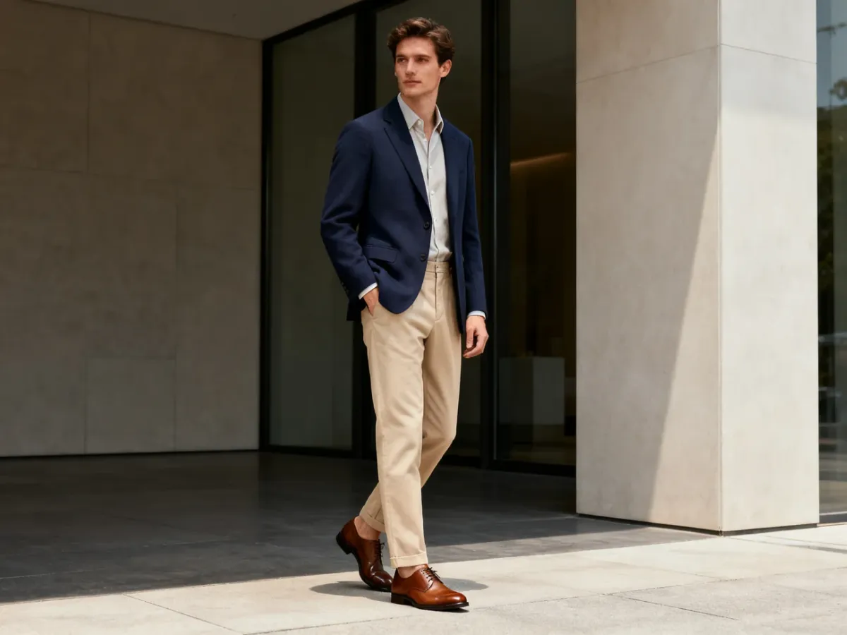 Mężczyzna w marynarce, chinosach i skórzanych butach w stylu smart casual