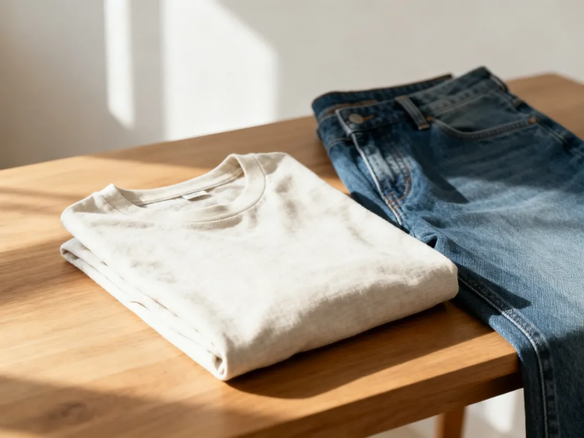 Bawełniany T-shirt i klasyczne jeansy ułożone na drewnianym blacie w minimalistycznym studiu modowym.