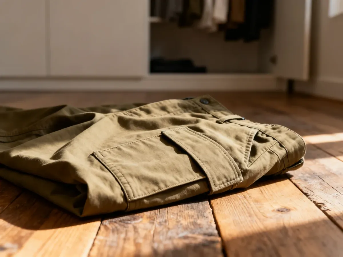 Beżowe spodnie cargo z charakterystycznymi kieszeniami leżące na drewnianej podłodze w słonecznym świetle.