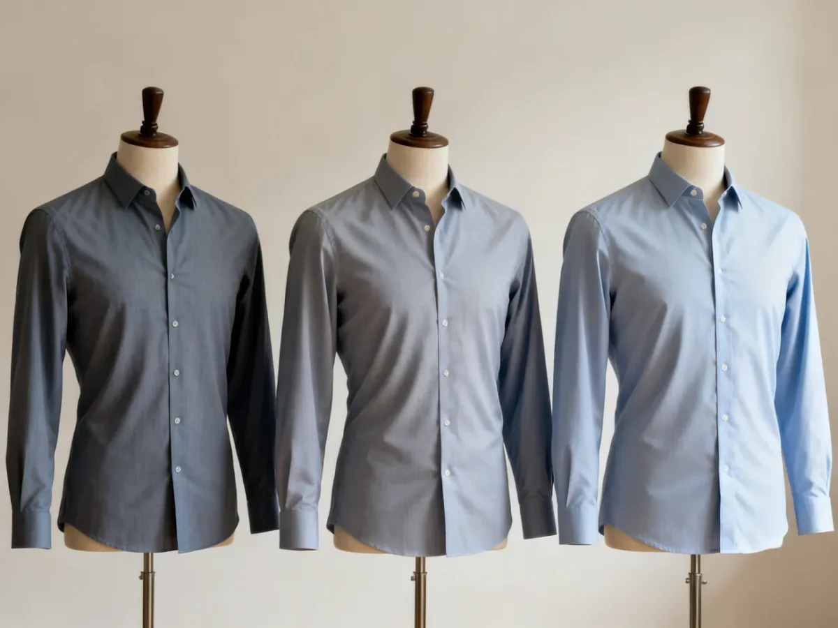 Trzy męskie koszule prezentujące fasony Slim Fit, Regular Fit i Comfort Fit