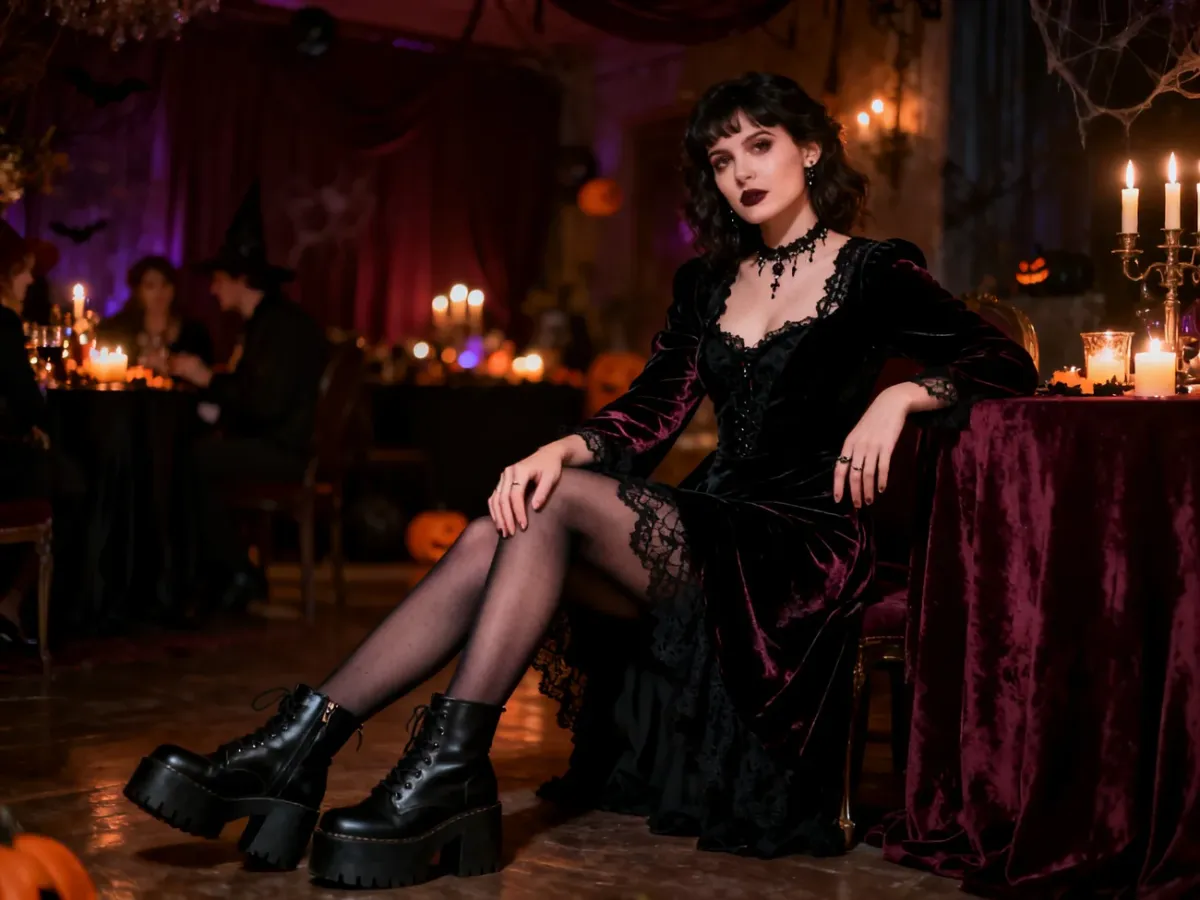 Kobieta w eleganckiej gotyckiej stylizacji z czarną sukienką i ciężkimi botkami