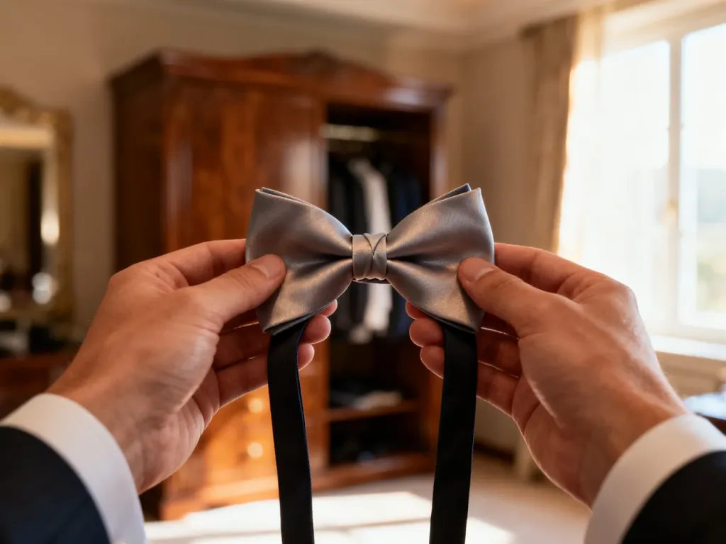 Dłonie zawiązujące elegancką jedwabną muchę w słonecznej garderobie. Zbliżenie na precyzyjny węzeł.