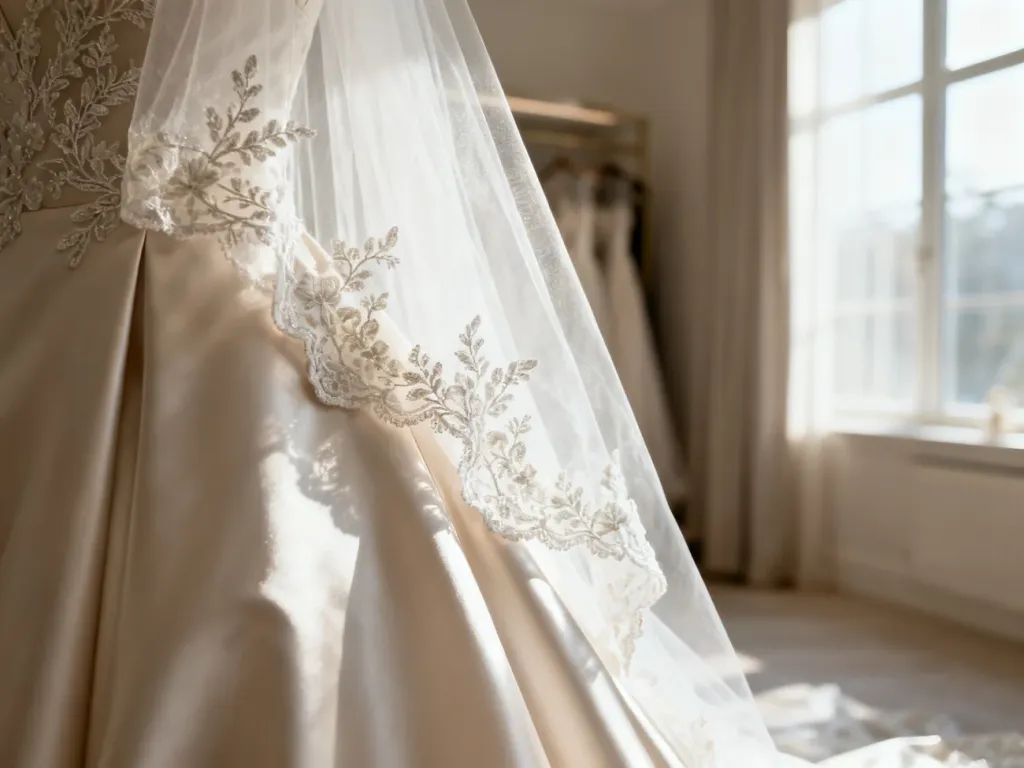 Elegancka woalka ślubna z delikatną koronką ułożona na minimalistycznej satynowej sukni w jasnym, romantycznym wnętrzu.