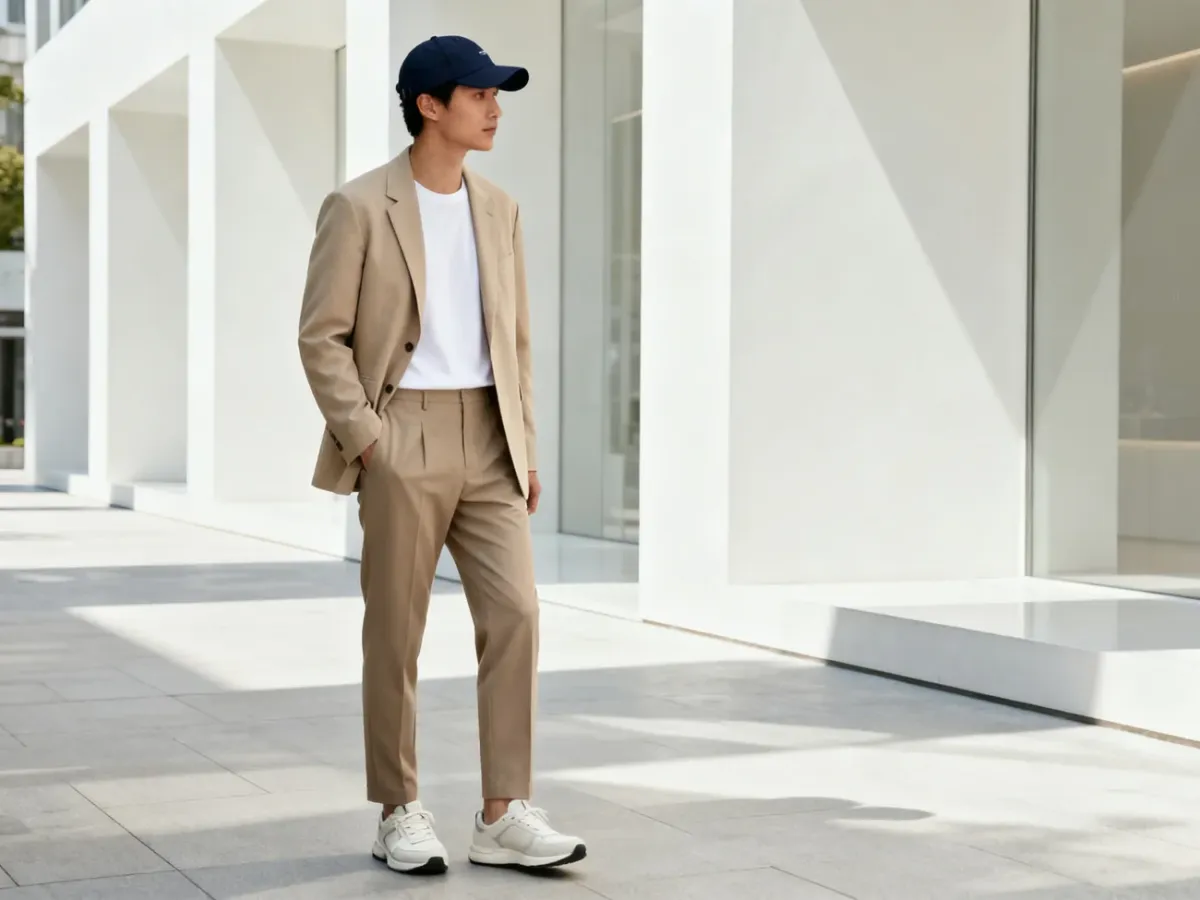 Osoba w minimalistycznej czapce z daszkiem zestawionej z marynarką i strojem smart casual