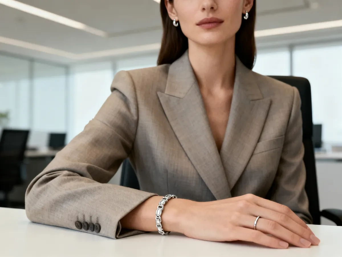 Kobieta w eleganckim garniturze z delikatną bransoletką widoczną przy mankiecie