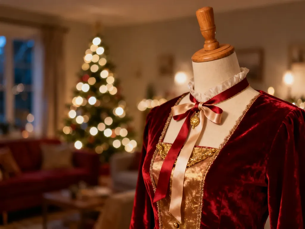 Elegancka świąteczna stylizacja na manekinie z aksamitu i jedwabiu w otoczeniu ciepłych świateł choinkowych.