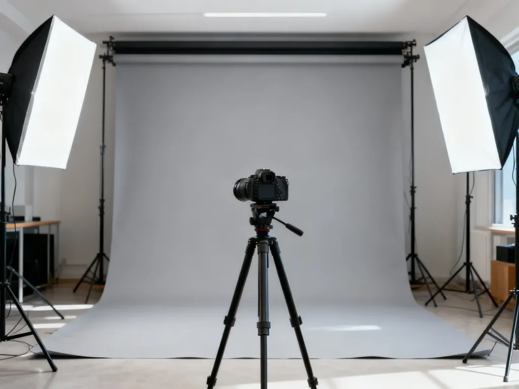 Profesjonalne stanowisko fotograficzne z oświetleniem studyjnym i jasnym tłem, przygotowane do wykonania zdjęcia do dowodu.